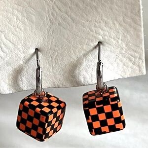NWOT Free People Orange Checkered Cube Earrings